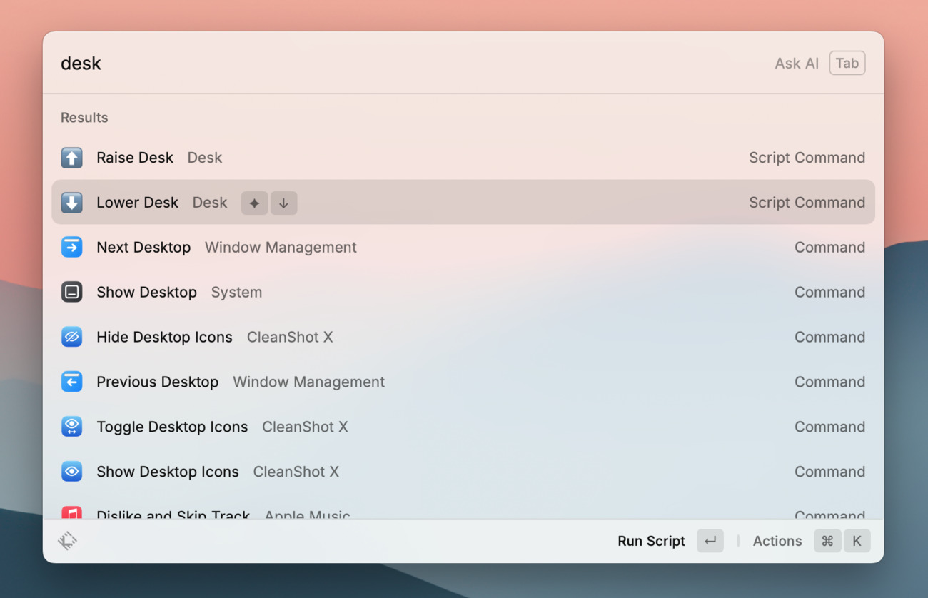 Screenshot of Raycast Script Commands in Raycast Search